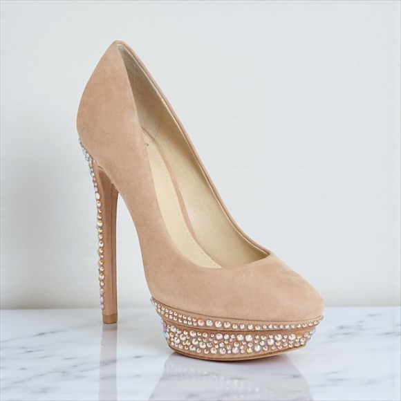 Brian Atwood Francoise Embellished Stiletto Pumps Tan Suede Leather size 8 - Picture 2 of 13